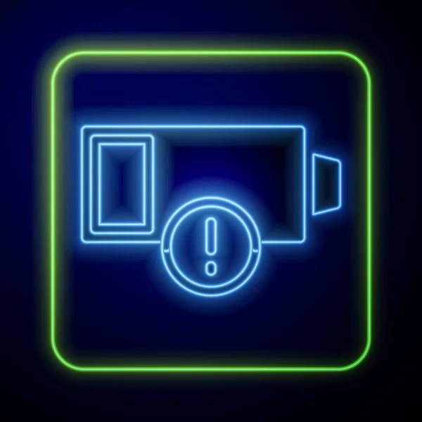 Светящийся неоновый индикатор уровня заряда батареи изолирован на синем фоне. Вектор — стоковый вектор