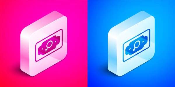 Isometric Money growth woman icon isolated on pink and blue background. Income concept. Business growth. Investing, savings and managing money concept. Silver square button. Vector — Stock Vector