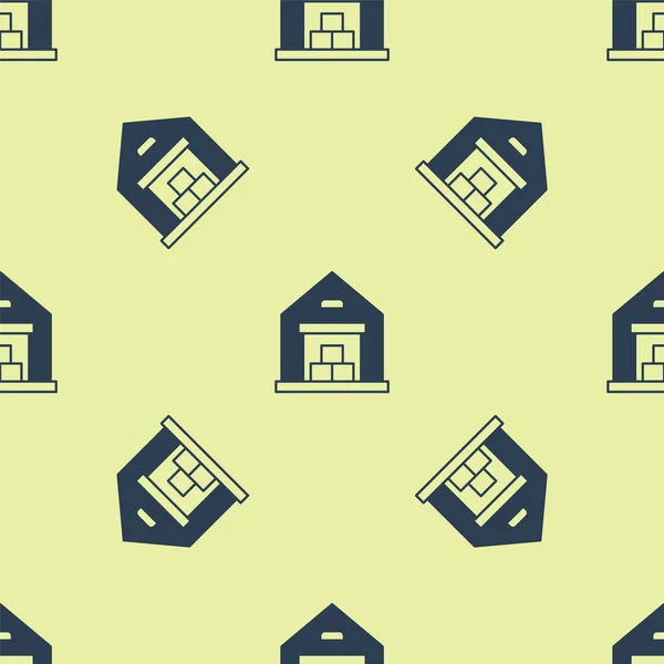 Blaues Lagerhaus-Symbol isoliert nahtlose Muster auf gelbem Hintergrund. Vektor — Stockvektor