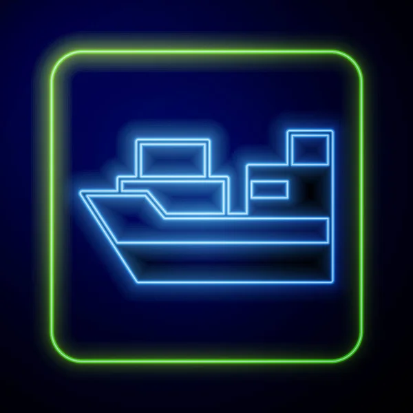 Lumineux néon cargo navire avec boîtes icône de service de livraison isolé sur fond bleu. Livraison, transport. Fret avec colis, boîtes, marchandises. Vecteur — Image vectorielle