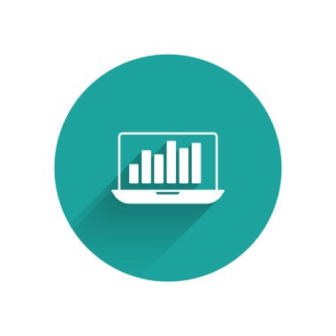 Grafik çizelgesi simgesine sahip uzun gölgeli beyaz dizüstü bilgisayar. Metin dosya simgesini rapor et. Muhasebe tabelası. Denetim, analiz, planlama. Yeşil daire düğmesi. Vektör