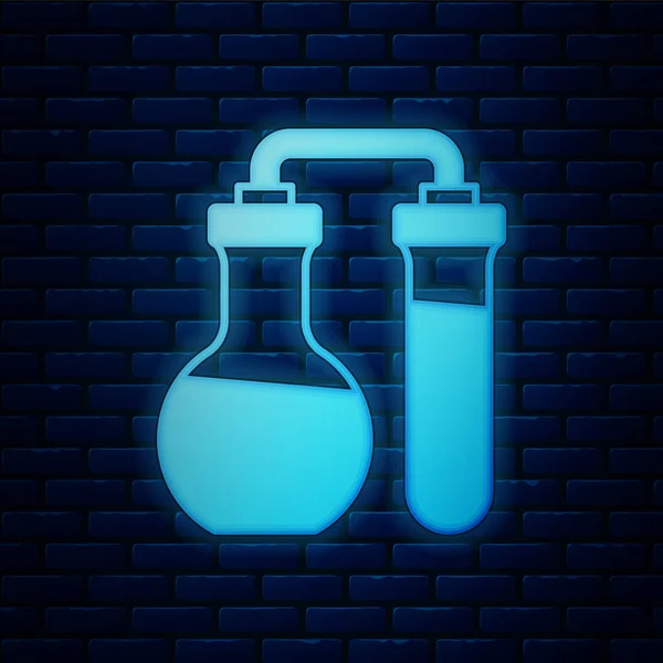Žhnoucí neon zkumavky a baňky chemické laboratorní zkušební ikony izolované na pozadí cihlové stěny. Laboratorní značka skla. Vektor — Stockový vektor