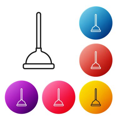 Beyaz arka planda izole edilmiş boru temizleme ikonu için tahta saplı siyah çizgili lastik pompa. Tuvalet pompası. Renkli daire düğmelerini ayarlayın. Vektör