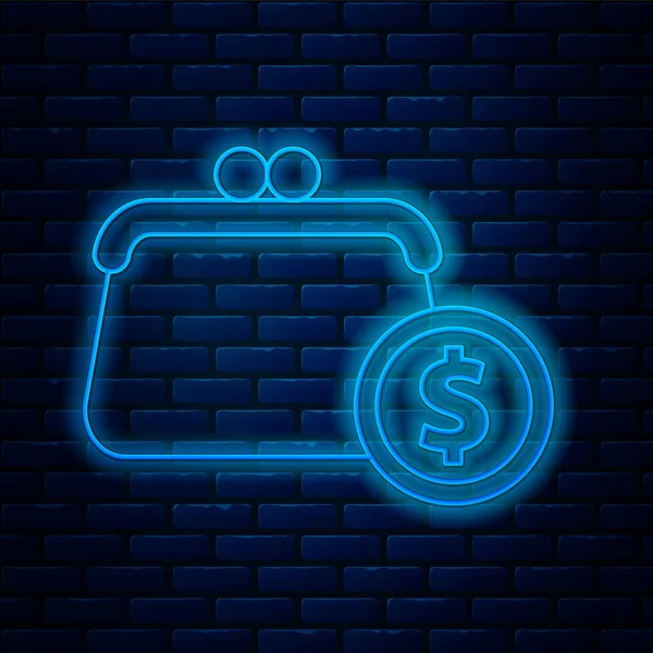 Duvarda izole edilmiş madeni para simgesi olan parlak neon çizgili cüzdan. Çanta ikonu. Nakit tasarruf sembolü. Vektör — Stok Vektör