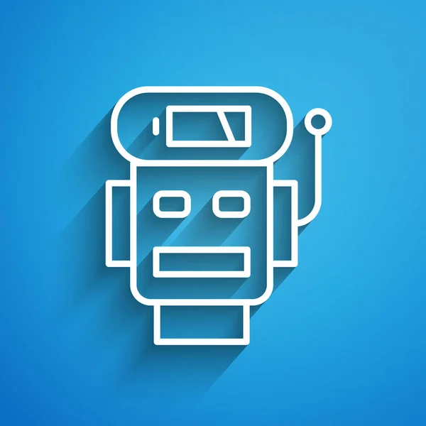 Línea blanca Robot icono de carga de batería baja aislado sobre fondo azul. Inteligencia artificial, aprendizaje automático, computación en nube. Larga sombra. Vector — Vector de stock