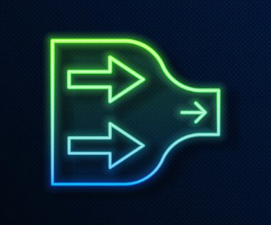 Parlayan neon çizgi ok simgesi mavi arkaplanda izole edildi. Yön Arrowhead sembolü. Navigasyon işaretçisi işareti. Vektör.