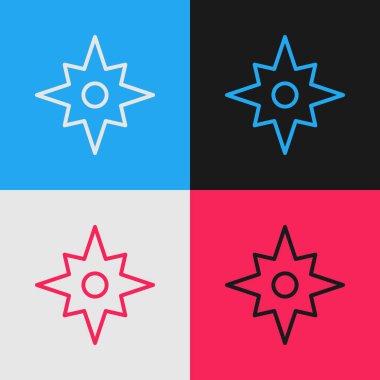 Pop sanat eseri Rüzgar gülü simgesi renk arkaplanında izole edildi. Seyahat için pusula simgesi. Navigasyon tasarımı. Vektör.