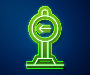 Parlayan neon hattı trafik işareti mavi arkaplanda izole edilmiş sol uyarı simgesine dönün. Trafik kuralları ve güvenli sürüş. Vektör.