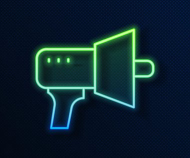 Parlayan neon hattı Megafon simgesi mavi arkaplanda izole edildi. Sözcü işareti. Vektör.