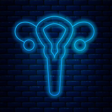 Parlayan neon hattı kadın üreme sistemi simgesi tuğla duvar arkasında izole edildi. Anatomi. Jinekoloji. Kadın sağlığı. Vektör.