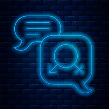 Parlayan neon hattı cinsiyet eşitliği simgesi tuğla duvar arkasında izole edildi. Eşit ücret ve fırsat iş konsepti. Vektör.