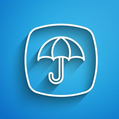 Mavi zemin üzerinde şemsiye sembolü olan beyaz çizgi teslimat paketi. Şemsiyeli karton kutu. Lojistik ve teslimat. Uzun gölge. Vektör.
