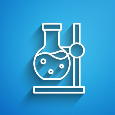 Mavi arka planda beyaz çizgi cam tüp deney tüpü ikonu izole edildi. Laboratuvar ekipmanları. Uzun gölge. Vektör.