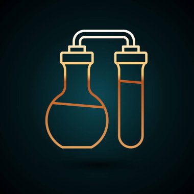 Altın çizgili test tüpü ve labaratuar test ikonu koyu mavi arka planda izole edilmiş. Laboratuvar cam levhası. Vektör.