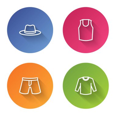 Çizgi Adam şapkası, kısa gömlek, pantolon ve süveter. Renkli daire düğmesi. Vektör.