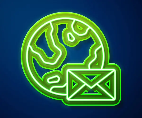 Žhnoucí Neon Line Země Zeměkoule Mail Mailové Ikony Izolované Modrém — Stockový vektor