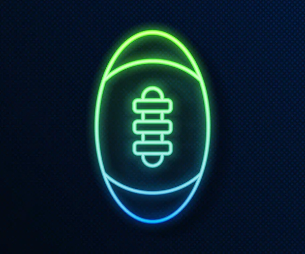 ネオンラインを輝くアメリカンフットボールのアイコンは青の背景に隔離されています ラグビーボールのアイコン チームスポーツゲームのシンボル ベクトル — ストックベクタ