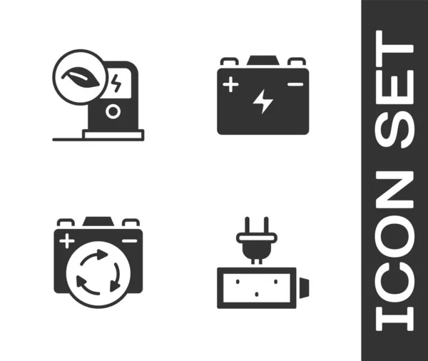 Définir Charge Batterie Borne Recharge Voiture Électrique Avec Symbole Recyclage — Image vectorielle