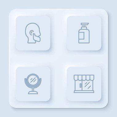 Bıyık ve sakal, şampuan şişesi, el aynası ve berber dükkanı. Beyaz kare düğme. Vektör.