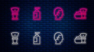 Saç fırçası ve köpükle tıraş olan erkekler için şişe şampuan saç stili. Tuğla duvarda parlayan neon simgesi. Vektör.