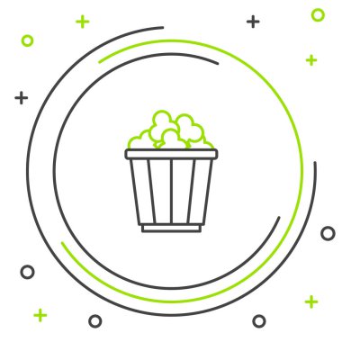 Beyaz arka planda izole edilmiş karton kutu simgesindeki çizgi patlamış mısır. Patlamış mısır kutusu. Renkli taslak konsepti. Vektör