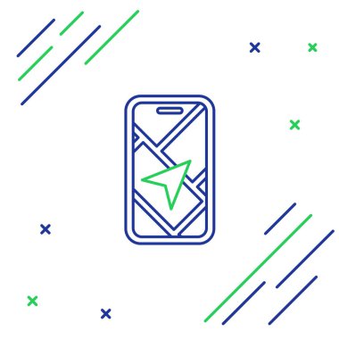 Şehir haritası gezinme simgesinin çizgi bilgileri beyaz arkaplanda izole edildi. Mobil Uygulama Arayüzü tasarımı. Coğrafi konsept. Renkli taslak konsepti. Vektör