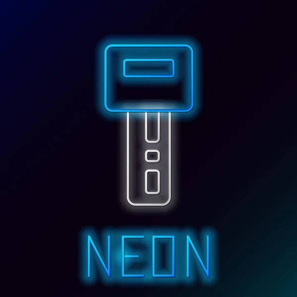 Gloeiende neon lijn Autosleutel met afgelegen pictogram geïsoleerd op zwarte achtergrond. Autosleutel en alarmsysteem. Kleurrijk concept. Vector — Stockvector