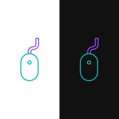 Satır Bilgisayarı fare simgesi beyaz ve siyah arkaplanda izole edildi. Tekerlek sembollü optik. Renkli taslak konsepti. Vektör