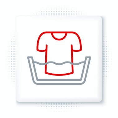 Çizgili plastik leğen ve beyaz arka planda izole edilmiş gömlek simgesi. Sulu kase. Çamaşır yıkama, temizlik malzemeleri. Renkli taslak konsepti. Vektör