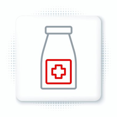 Hat ilacı şişesi ve beyaz arka planda izole edilmiş hap ikonu. Şişe hapı işareti. Eczane tasarımı. Renkli taslak konsepti. Vektör