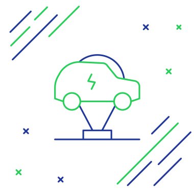 Elektrik hattı arabası ve elektrik kablosu şarj ikonu beyaz arka planda izole edildi. Yenilenebilir ekolojik teknolojiler. Renkli taslak konsepti. Vektör