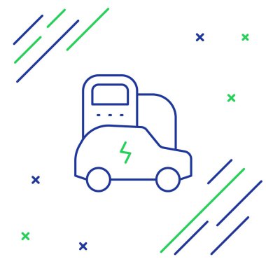 Elektrik hattı arabası ve elektrik kablosu şarj ikonu beyaz arka planda izole edildi. Yenilenebilir ekolojik teknolojiler. Renkli taslak konsepti. Vektör