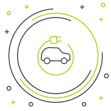 Elektrik hattı arabası ve elektrik kablosu şarj ikonu beyaz arka planda izole edildi. Yenilenebilir ekolojik teknolojiler. Renkli taslak konsepti. Vektör