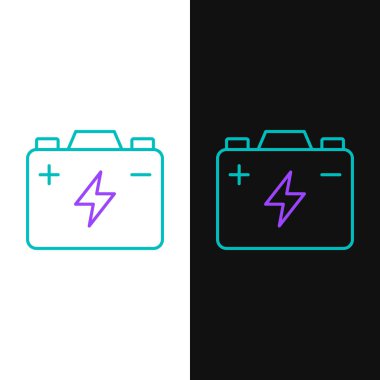 Çizgi Araba bataryası simgesi beyaz ve siyah arkaplanda izole edildi. Akümülatör bataryası enerji ve elektrik akümülatörü bataryası. Renkli taslak konsepti. Vektör