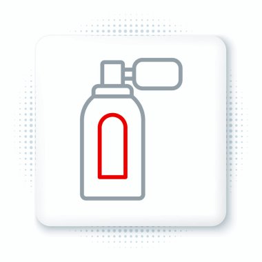 Beyaz arka planda izole edilmiş atom ikonu olan çizgi traş losyonu şişesi. Parfüm spreyi ikonu. Erkek parfüm şişesi. Renkli taslak konsepti. Vektör