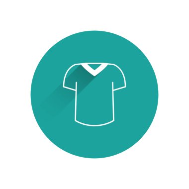 Beyaz tişört simgesi uzun gölge arkaplanı ile izole edilmiş. Yeşil daire düğmesi. Vektör