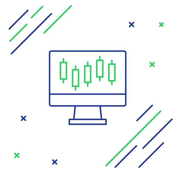 Zeilencomputer mit Wachstumsdiagrammen für den Aktienmarkt und Geldsymbol isoliert auf weißem Hintergrund. Monitor mit Aktiendiagramm Pfeil auf dem Bildschirm. Buntes Rahmenkonzept. Vektor — Stockvektor