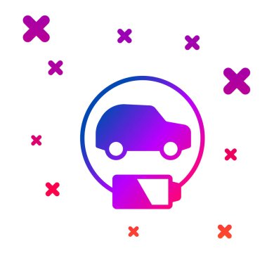 Renkli elektrikli araba ve elektrik kablosu şarj ikonu beyaz arka planda izole edildi. Yenilenebilir ekolojik teknolojiler. Kademeli rastgele dinamik şekiller. Vektör