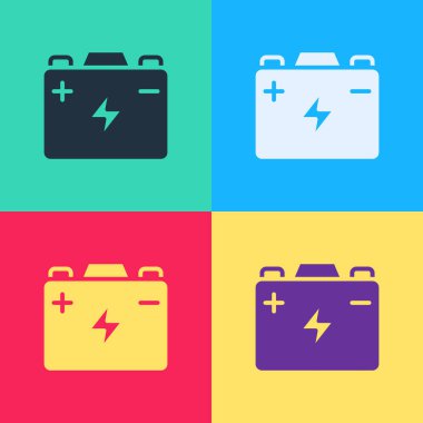 Pop Art Car akü simgesi renk arkaplanında izole edildi. Akümülatör bataryası enerji ve elektrik akümülatörü bataryası. Vektör