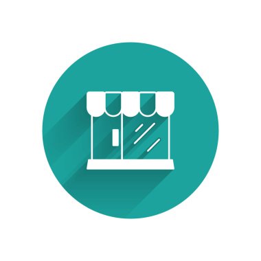 Beyaz Berber Dükkanı ikonu uzun gölgeli bir arka plan. Yeşil daire düğmesi. Vektör