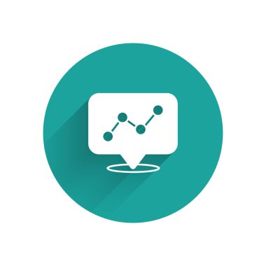 Beyaz Grafik, çizelge, grafik, diyagram, bilgi grafiği, uzun gölge arkaplan ile izole edilmiş turta grafik simgesi. Yeşil daire düğmesi. Vektör