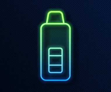 Tıbbi inceleme ikonu için parıldayan neon hattı dijital termometre mavi arka planda izole edildi. Vektör