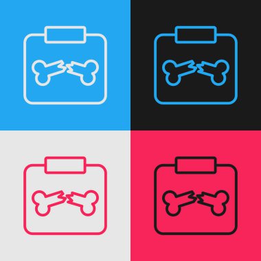 Kırık kemik simgesinin renk arkaplanında izole edildiği pop sanat çizgisi röntgenleri. Vektör