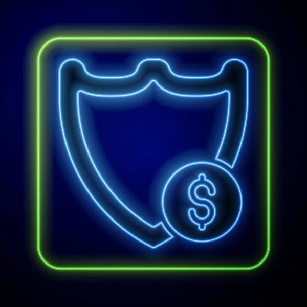 Świecąca neonowa tarcza z ikoną symbolu dolara na niebieskim tle. Ochrona osłon. Koncepcja bezpieczeństwa pieniędzy. Wektor — Wektor stockowy