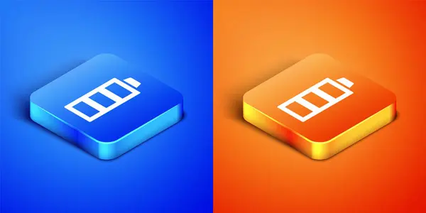 Isometric Battery charge level indicator icon isolated on blue and orange background. Square button. Vector — Stock Vector