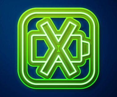 Parlayan neon hattı Batarya şarj seviyesi göstergesi simgesi mavi arkaplanda izole edildi. Vektör