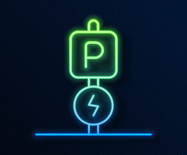 Brillante línea de neón Carga aparcamiento icono coche eléctrico aislado sobre fondo azul. Vector — Vector de stock