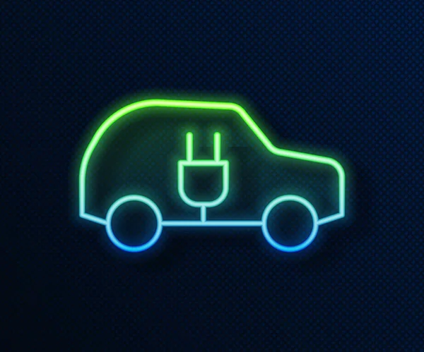 Glowing neon line Electric car and electrical cable plug charging icon isolated on blue background. Renewable eco technologies. Vector — Stock Vector