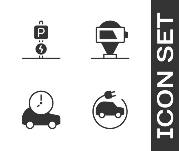 Set voiture électrique, parking de charge électrique, et icône de charge de batterie. Vecteur — Image vectorielle