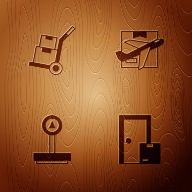 Ev teslimat hizmetleri, el arabası ve kutular, ahşap arka planda pul ve uçak kartonlarını ayarlayın. Vektör